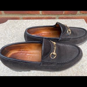Ladies Gucci Brown Suede Silver Horsebit Loafers